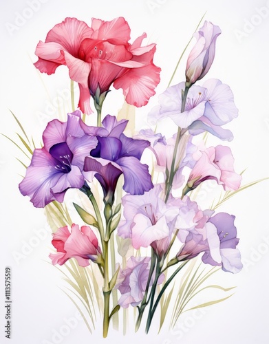 Beautiful pink gladiolus flowers in vibrant bloom captured in a delicate wate...