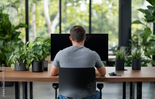 Man working at desk in modern office surrounded by plants during daytime