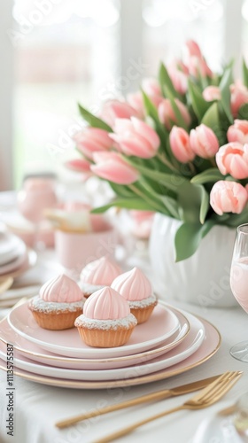 Beautiful spring tablescape with pastel dishes and pink tulips for a special ...