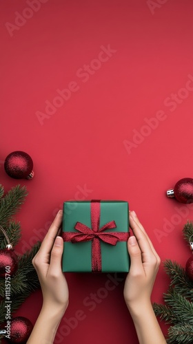 Hands hold a wrapped gift against a vibrant red background for the holidays