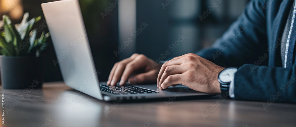 Closeup of Mans Hands Typing on Laptop Computer, Working from Home Office Closeup of Mans Hands Typing on Laptop Computer, Working from Home Office
