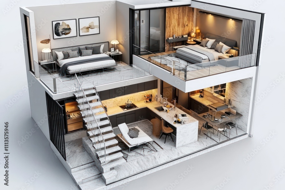 3D design of a duplex apartment with two bedrooms, open kitchen, and living space.