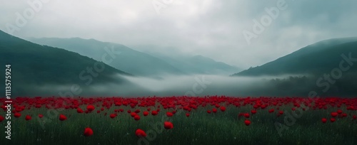 Beautiful poppy field under a dramatic cloudy sky in a serene valley at dawn