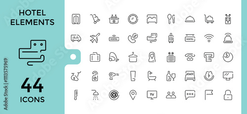 Hotel Elements icon set. Contains related to icon, elevator, safe, vacuum, bathe, suitcase, icon set, line. Thin linear style icons. Editable stroke.