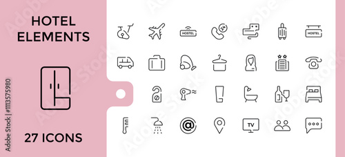Hotel Elements linear icon collection. Includes icons for breakfast, reception, holiday, key, hoover, eatery, tv and more. Minimalistic web and UI icons. Vector icons editable stroke.