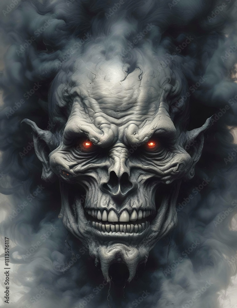 Naklejka premium Illustration of devil spooky face in dramatic smoke.