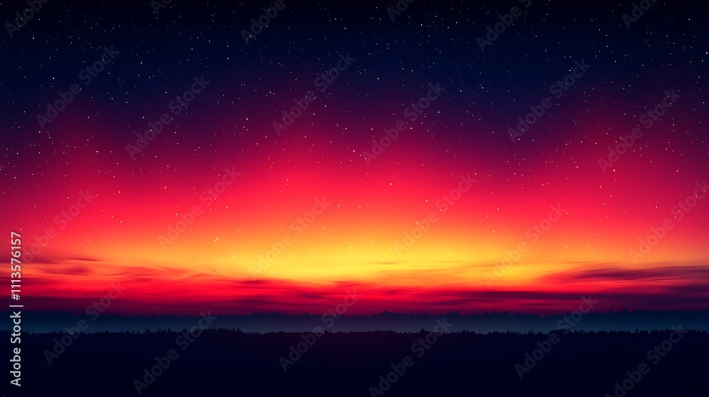 Fototapeta premium Vibrant sunset over a dark landscape with a starry night sky.