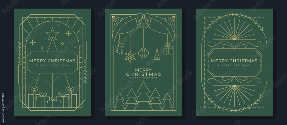 Fototapeta premium Merry Christmas and Happy New Year frame greeting card vector set. Luxury invitation with Christmas tree, bauble, holly, gift line art on green background. Design illustration for season's card, ads.