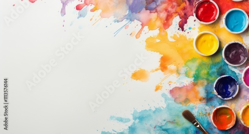 Colorful watercolor paints and brushes arranged on a vibrant artistic background