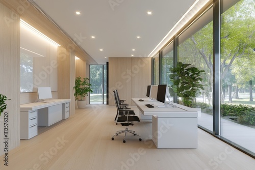 Minimalist reception area with bright lighting and modern furnishings in a co...