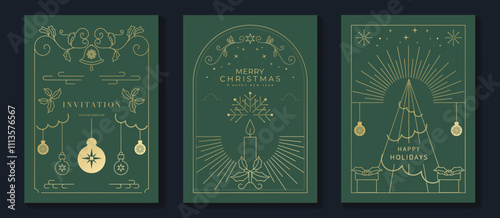 Merry Christmas and Happy New Year frame greeting card vector set. Luxury invitation with Christmas tree, bauble, holly, gift line art on green background. Design illustration for season's card, ads. photo