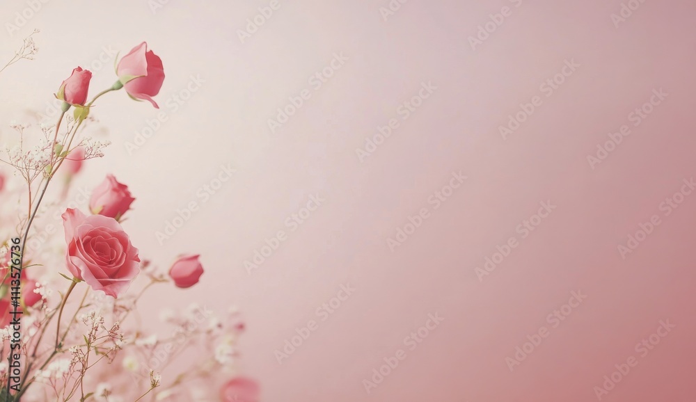 Beautiful arrangement of pink roses and delicate blossoms on a soft background