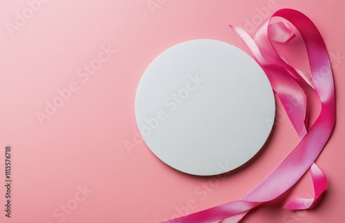 Plain white circular card placed on a pink background with decorative ribbon