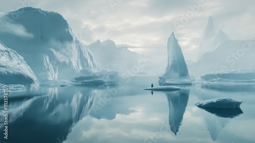 Majestic icebergs reflect on tranquil water during a foggy Arctic dawn