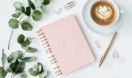 Elegant workspace setup with notebook, pen, coffee, and greenery on a clean s...