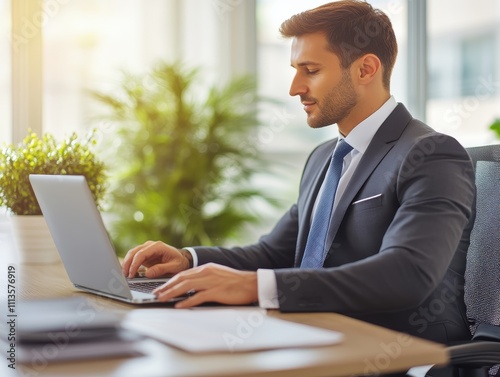 A businessman seated at his desk typing on a laptop displaying colorful sales data with a coffee cup beside the keyboard bright office setting