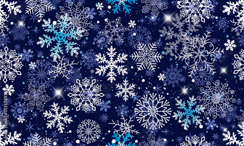 Vector Christmas hand drawn dark blue seamless pattern with doodle white and blue gradient snowflakes and stars