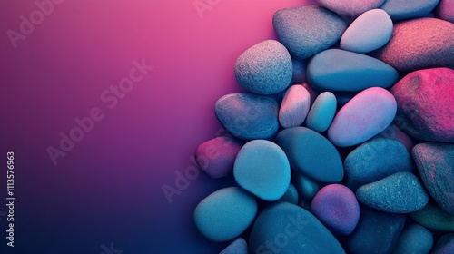 Colorful stones create a vibrant background with shades of blue and purple un...