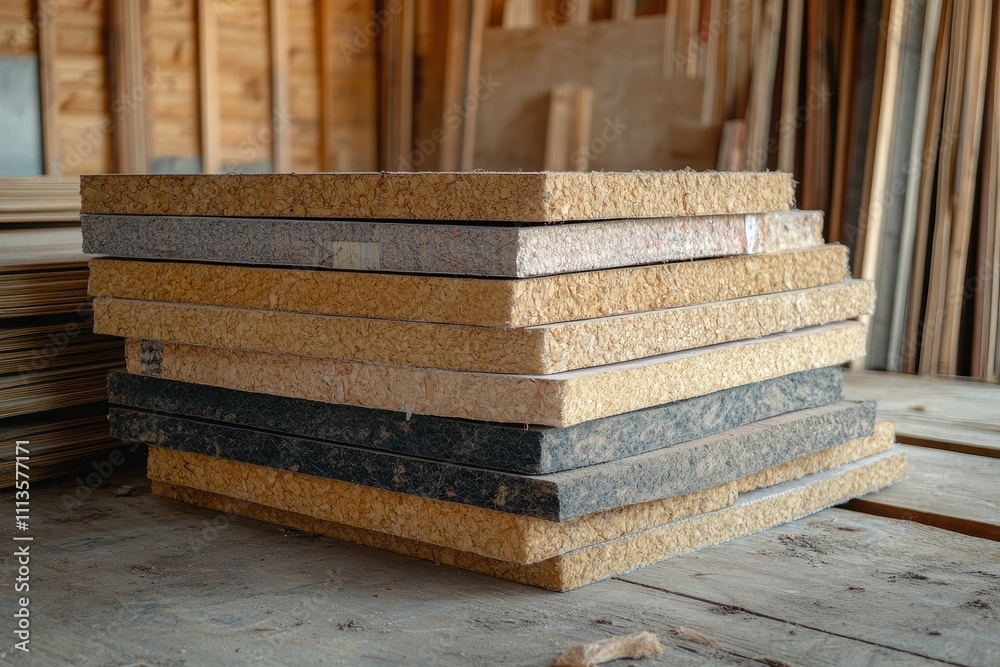 Stacked particleboard sheets in a workshop. Illustrates construction materials & DIY projects. Stacked particleboard sheets in a workshop. Illustrates construction materials & DIY projects.