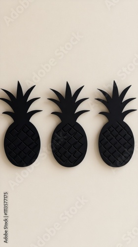 Three green plants in modern black pots arranged on a light background for de...