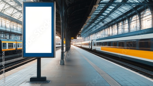 Train speeds past a empty advertisement board at a bustling city station duri...