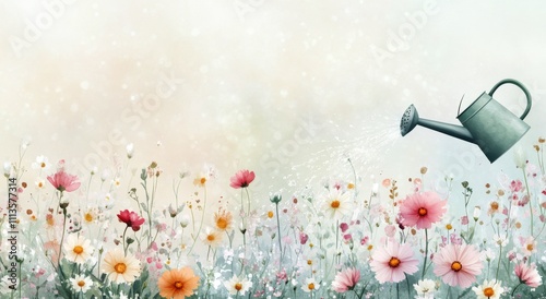 Watering can pouring water on delicate white flowers in a serene garden setting