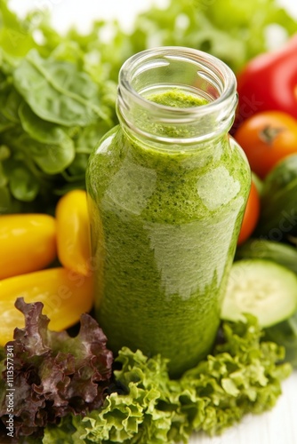 Fresh green juice surrounded by a variety of colorful vegetables and greens i...
