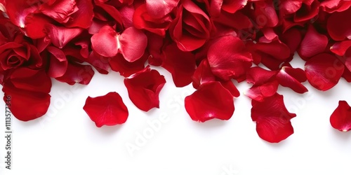 Lush Red Rose Petals Gently Laid on a Soft White Background Perfect for Romantic Settings, Decorations, and Floral Arrangements