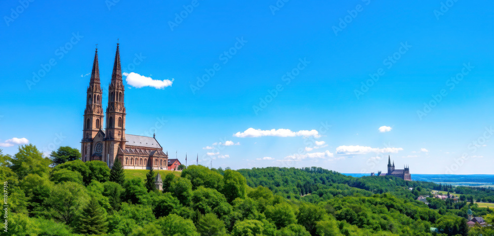 A majestic, 19th-century Pöstlingberg Basilica stands atop a lush, verdant hill in Linz, Austria, with its striking twin towers rising high into the sky, their Gothic spires visible from a distance. A majestic, 19th-century Pöstlingberg Basilica stands atop a lush, verdant hill in Linz, Austria, with its striking twin towers rising high into the sky, their Gothic spires visible from a distance.