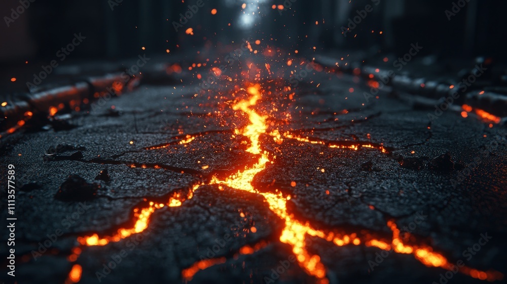 A black and orange lava flow with a bright orange glow A black and orange lava flow with a bright orange glow