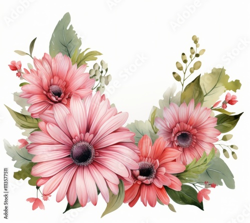 Blooming pink flowers with green leaves arranged beautifully in a watercolor ...