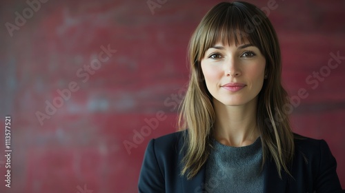 Young professional woman stands confidently in office setting against red bac...