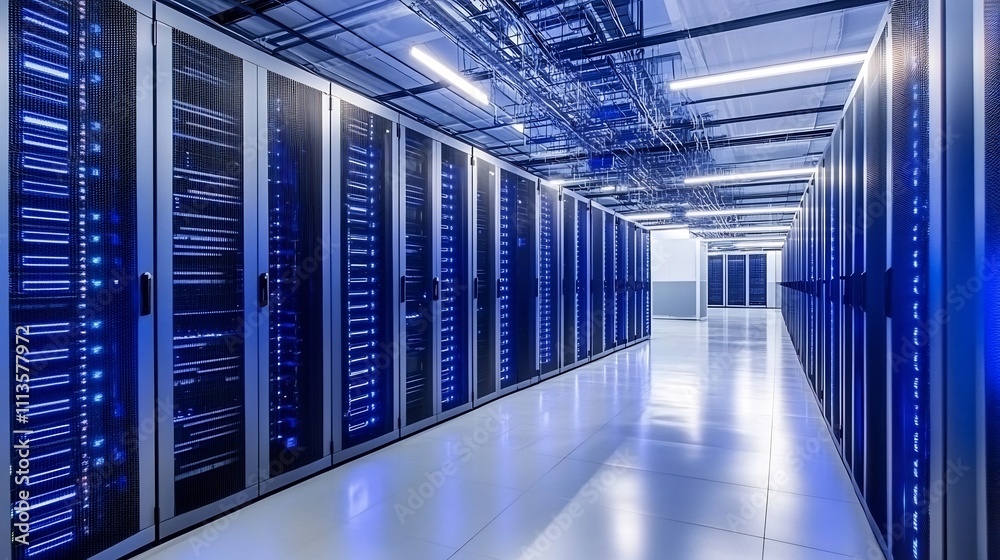 Futuristic data center with rows of server racks in a high tech digital information technology environment