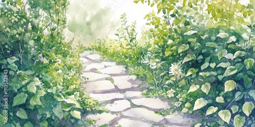 Pathway through a lush green garden filled with vibrant plants in soft light
