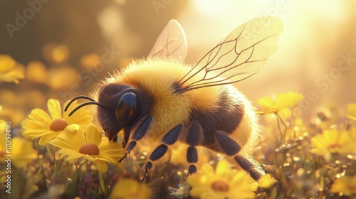 Bee pollinating flowers in a sunlit meadow during spring