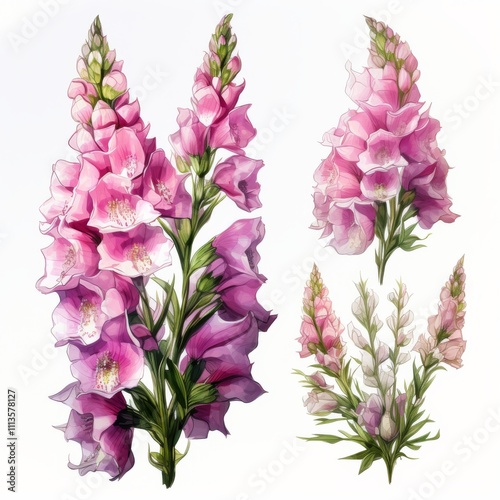 Beautiful watercolor painting of pink foxglove flowers with green leaves in a...