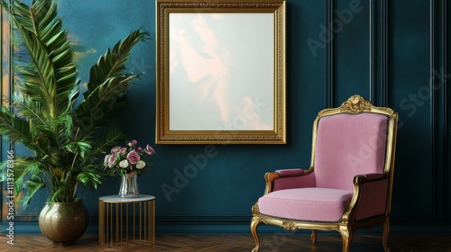 Elegant interior design featuring a pink chair and green plants in a stylish ...