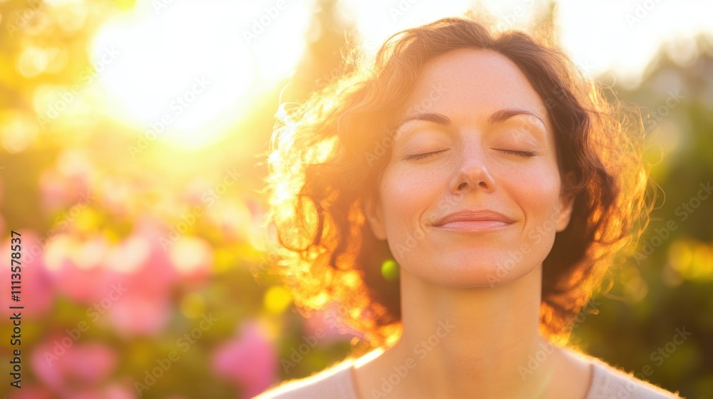 A woman basks in the warm sunlight with her eyes closed, surrounded by vibrant flowers on a peaceful afternoon A woman basks in the warm sunlight with her eyes closed, surrounded by vibrant flowers on a peaceful afternoon