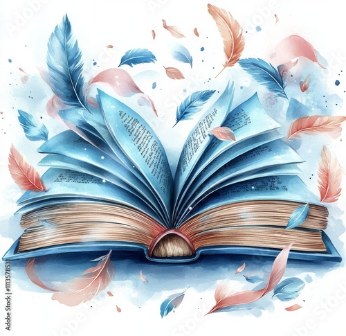 Colorful illustration showcasing an open book with floating feathers in a dre...