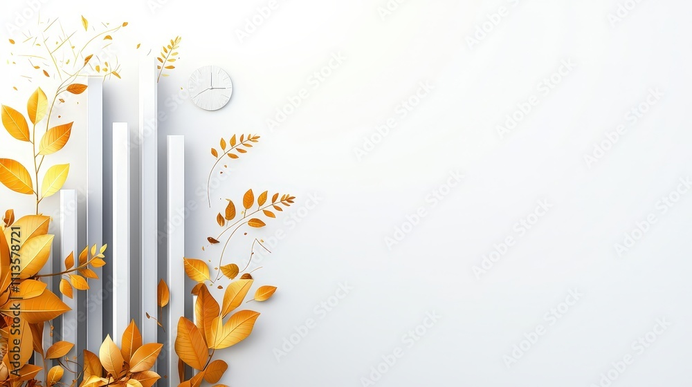 A white background with a clock and a row of leaves A white background with a clock and a row of leaves