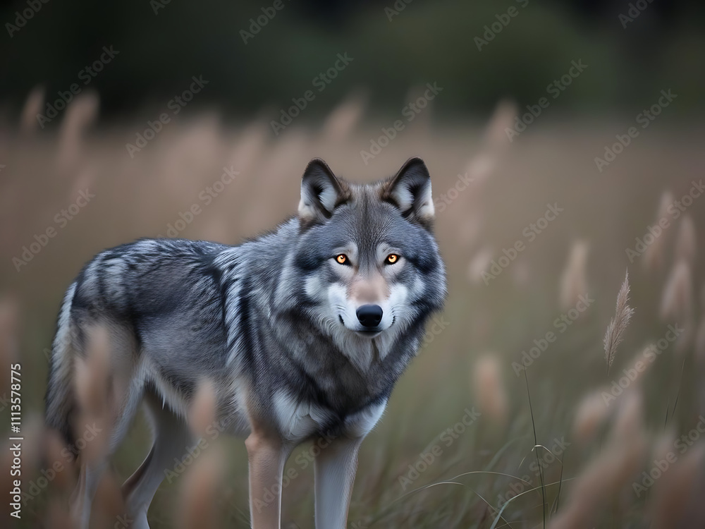 Majestic mean wolf observed in lush wilderness nature photography serene landscape close-up perspective