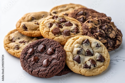Freshly baked chocolate chip cookies and dark cookies stacked beside a paper bag