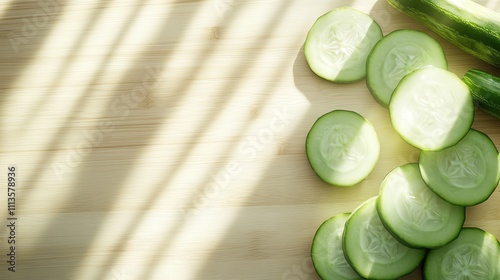 A freshly cut cucumber with slices arranged on a light wood surface, symbolizing freshness, Generative AI
