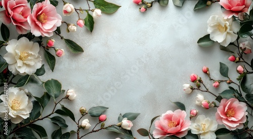 Floral arrangement with white and pink flowers on a neutral background in a d...