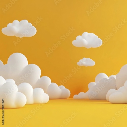 Bright yellow background with fluffy white clouds creating a cheerful atmosphere