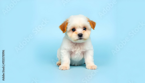 Cute maltipoo puppy  dog  on blue background with copy space.