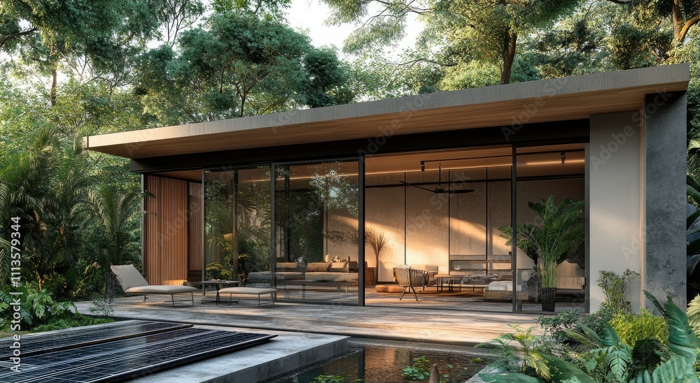 A modern, black and gray house with wood accents, situated on a large concrete patio A modern, black and gray house with wood accents, situated on a large concrete patio