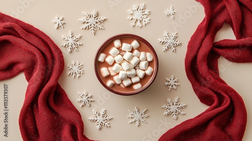 Cozy hot chocolate with marshmallows surrounded by festive winter decorations...