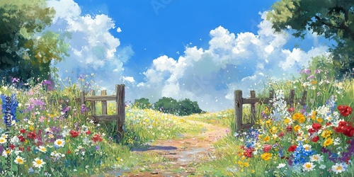 Vibrant garden pathway adorned with colorful flowers under a bright blue sky