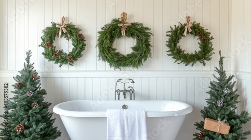 Elegant bathroom adorned with holiday wreaths and a festive tree during winte...